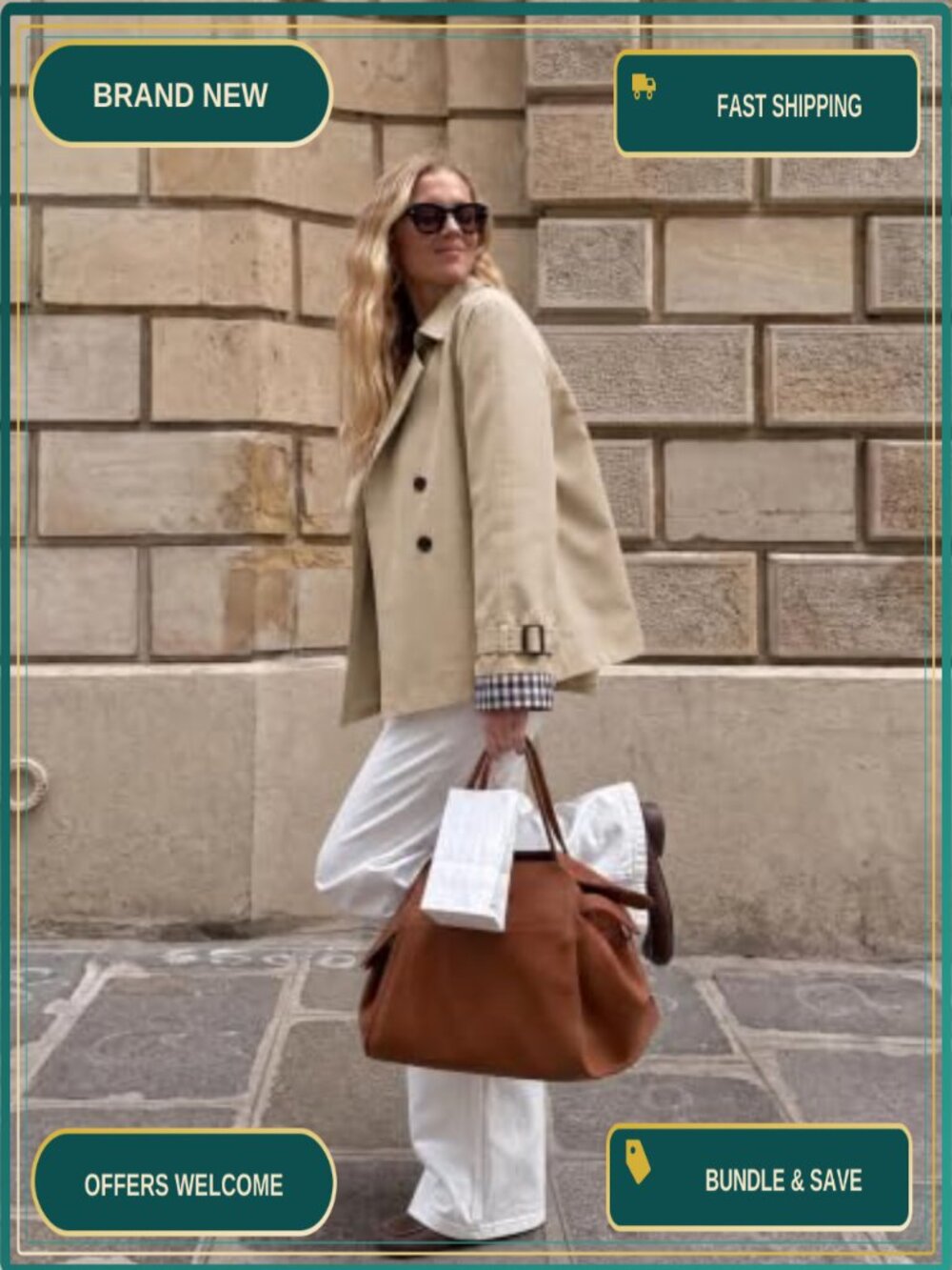 Oversized Cropped Trench Coat Double Breasted 100% Polyester Jacket - Picture 2 of 6
